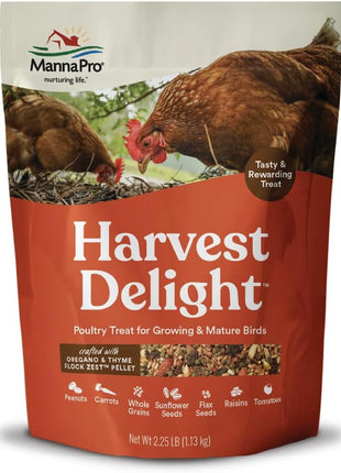 Manna Pro Harvest Delight Poultry Treat, Whole Grain & Seed Mix with Fruits & Vegetables, 14% Protein Snack for Chickens, Ducks & Mixed Flocks, 2.25 lb