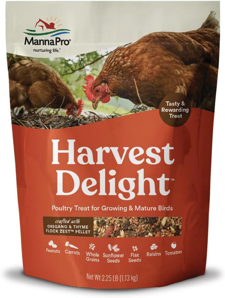 Manna Pro Harvest Delight Poultry Treat, Whole Grain & Seed Mix with Fruits & Vegetables, 14% Protein Snack for Chickens, Ducks & Mixed Flocks, 2.25 lb