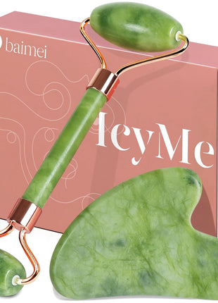 BAIMEI IcyMe Gua Sha & Jade Roller Facial Tools Face Roller and Gua Sha Set for Puffiness and Redness Reducing Skin Care Routine, Self Care Gift for Men Women - Green