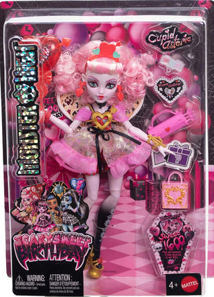 Monster High Scary Sweet Birthday Cupid Asteria Doll | Doll in Pink and Red Party Dress with Party-Themed Accessories like Invite, Balloon, Gift and More