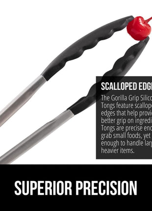 GORILLA GRIP Stainless Steel Heat Resistant Kitchen Tongs for Cooking, Set of 2 BBQ Tong, Non Scratch Silicone Tip for Pans, Strong Grip, Grab Food, Toss Salad, Air Fryer, Pull Lock, 7 + 9 Inch, Black