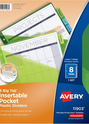 Avery Insertable Plastic Dividers for 3 Ring Binders, 8 Tabs per Set, Big Tabs, Two Pockets, Multicolor Binder Dividers, Works with Sheet Protectors (11903)