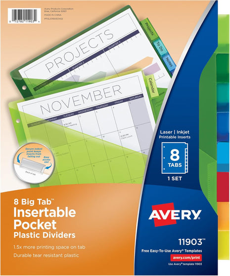 Avery Insertable Plastic Dividers for 3 Ring Binders, 8 Tabs per Set, Big Tabs, Two Pockets, Multicolor Binder Dividers, Works with Sheet Protectors (11903)