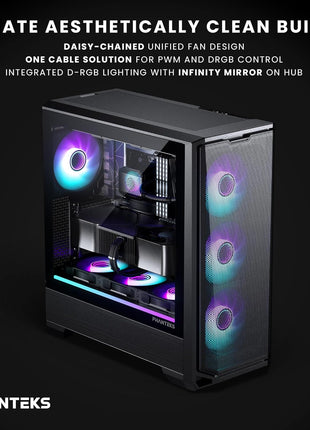 Phanteks M25-140 Gen2, 140mm ARGB High Performance Cooling Fans, Daisy-Chain Unified Fan Frame, Infinity Mirror hub, Single Cable Connection, Black