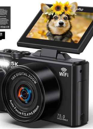 5K Digital Camera, WiFi Cameras for Photography 75MP UHD Vlogging Cameras for YouTube Autofocus Video Camera with 3" 180° Flip Screen, Compact Travel Camara with 18X Zoom, 32GB SD Card, 2 Batteries