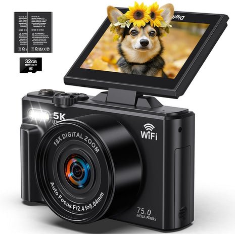 5K Digital Camera, WiFi Cameras for Photography 75MP UHD Vlogging Cameras for YouTube Autofocus Video Camera with 3" 180° Flip Screen, Compact Travel Camara with 18X Zoom, 32GB SD Card, 2 Batteries