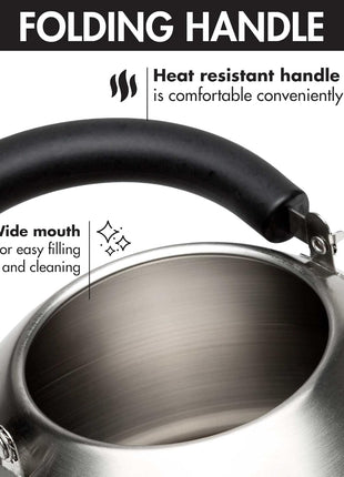 Primula Stewart Whistling Tea Kettle for Stovetop, Stainless Steel Stove Top Kettle with Fast Boil Whistling Spout and Cool Touch Folding Handle, 1.5-Quart, Brushed Silver with Black Handle