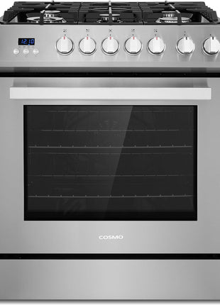 COSMO COS-305AGC 30 in. 5.0 cu. ft. Freestanding Single Oven Gas Range with 5 Burner Cooktop and Heavy Duty Cast Iron Grates in Stainless Steel
