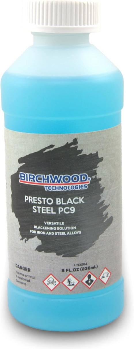 Birchwood Technologies Presto Black STEEL PC9 - versatile blackening solution for iron and steel alloys traditional patina blue and black oxide touch-up (8 oz)