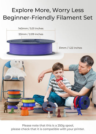250g PLA Filament 1.75mm Bundle, SUNLU 3D Printer Filament Neatly Wound, Individually Vacuum Packed, 250g Spool, 8 Rolls, White+Red+Orange+Yellow+Green+Blue+Cyan+Purple