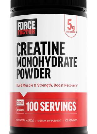 Force Factor Creatine Monohydrate Powder, 5g Dose, Micronized | Support Muscle Growth, Strength, Recovery, Cognitive Health & Memory, Unflavored, 500g, 100 Servings, 17.6 Oz