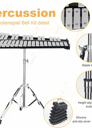 Professional 32 Note Glockenspiel xylophone Bell Kit for beginner :Muted Practice Pad Percussion Kit for Adult, with Three Types of Drumsticks, Adjustable Stand&Carrying Bag