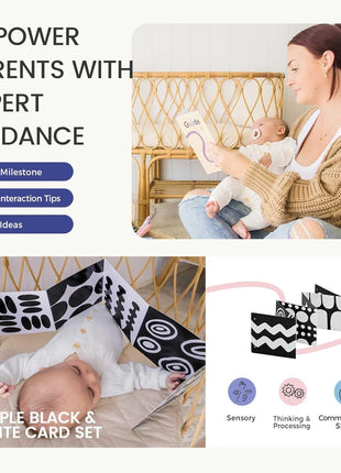 Tiny Land Montessori Baby Toy Set 0-3 Months 5 in 1 Sensory Kit | Mirror, black and white cards, rolling bell, play mat, bed wrap, tummy time, visual and auditory play, newborn gift