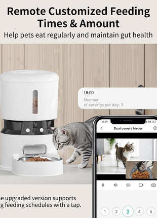 Automatic Cat Feeder with 2 Cameras 1080P HD with Night Vision Pet Food Dispenser Two-Way Voice and Audio Dog Smart WiFi Dog & Cat Feeder Programmable Schedule Slow Bowl White