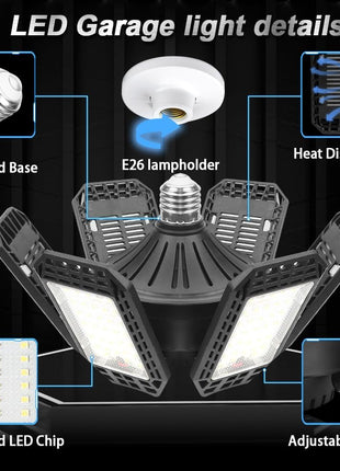 AUDLES 2 Pack Garage Lights, 200W 20000LM 6500K LED Shop Lights, Garage Light Ceiling Led with 6+1 Deformable Panels, Screw in E26/E27 Socket Bulb for Warehouse, Workshop, Basement, Barn Lighting