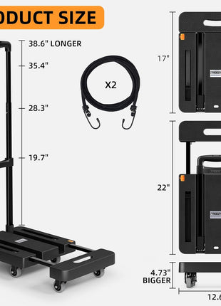 Folding Hand Truck, 500 LB Heavy Duty Luggage Cart, Utility Dolly Platform Cart with 6 Wheels & 2 Elastic Ropes for Luggage, Travel, Moving, Shopping, Office Use, Black