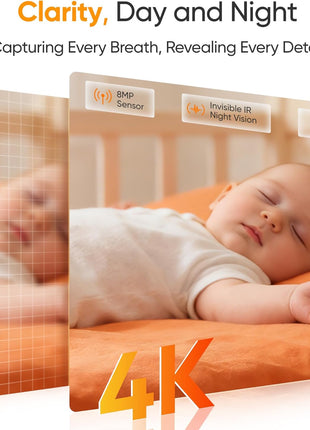 Monai 4K Smart Baby Monitor, Eye-Safe 950nm Night Vision, 7 AI Features, Phone App Baby Camera, 8X Zoom, Instant Alerts (Cry/Face Covered), No Monthly Fee, Hack-Proof, Local Storage