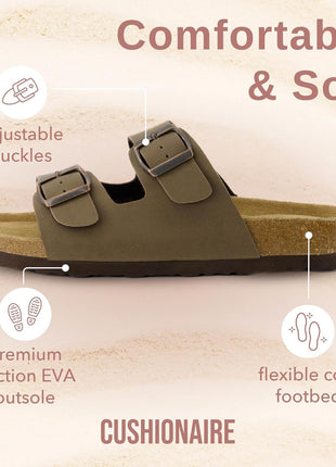 CUSHIONAIRE Lane Cork Footbed Womens Sandals Comfortable Double Buckle Slip On Sandals for Women with Arch Support and Classic Two Strap Design