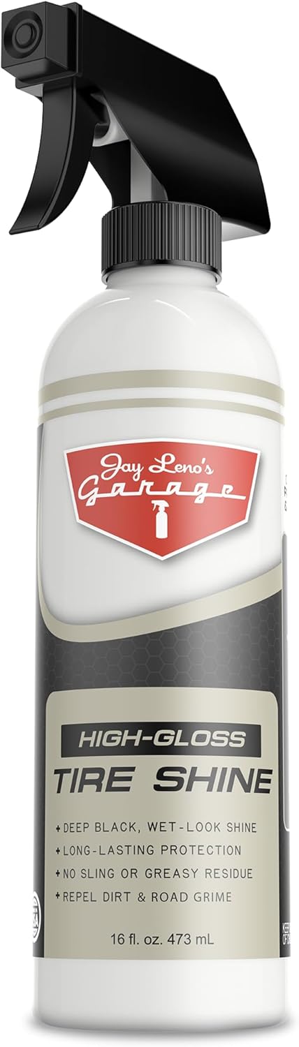 Jay Leno's Garage Tire Shine Delivers long-lasting High Gloss with a Deep Black Wet Look Glow. This Tire Dressing Spray and Car Tire Shine Work as Auto Detailing Care for Wheels and Tires – 16 oz.