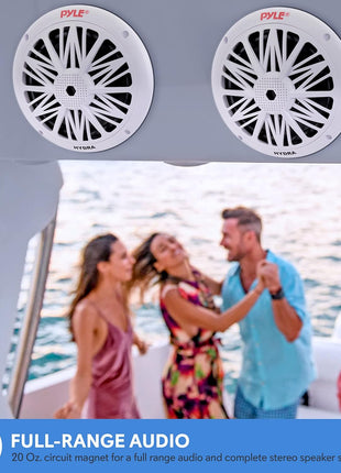 Pyle 6.5 Inch Dual Marine Speakers - 2 Way Waterproof and Weather Resistant Outdoor Audio Stereo Sound System with 200 Watt Power, Poly Carbon Cone and Butyl Rubber Surround - 1 Pair (White)