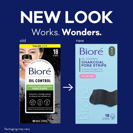 Biore Charcoal Deep Cleansing Nose Pore Strips, Blackhead Remover, 18 ct | C-Bond Technology, Instant Pore Unclogging, Charcoal Blackhead Remover, Best for Oily Skin