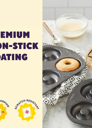 Wilton Gold Non-Stick Donut Pan Set - Quality Baking Pan - Dishwasher Safe & Scratch Resistant - Made Without PFAS - 12.5 x 8 x 1 Inch, 2-Piece Set