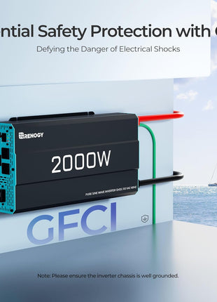 Renogy Inverter P2 2000W Pure Sine Wave Inverter 12V DC to 110V AC Converter, Off-Grid Solar Power Inverters for Vehicles, Truck, RV, Home, with Built-in 5V/2.1A USB / Hardwire Port, Remote Controller