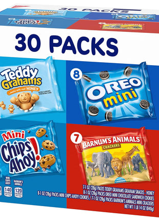 Nabisco Team Favorites Variety Pack, OREO Mini, CHIPS AHOY! Mini, Teddy Grahams Honey & Barnum's Animal Crackers, 30 Snack Packs
