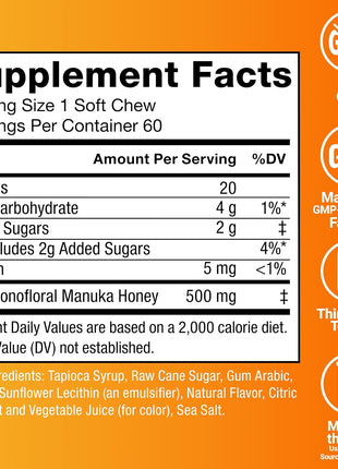 Force Factor Royal Manuka Honey Soft Chews | Pure New Zealand Manuka, Support Immune Health, Digestion & Energy, MGO 130, Sustainably Sourced, Honey-Lemon, 60 Soft Chews