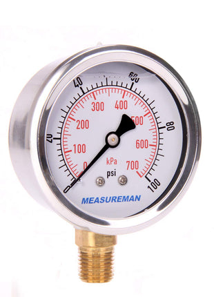 MEASUREMAN 2-1/2 inch Dial Size, Glycerin Filled Pressure Gauge, 0-100psi/kpa, 304 Stainless Steel Case, 1/4 inch NPT Lower Mount