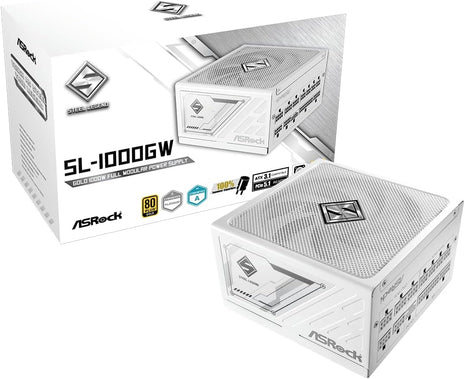 ASRock Steel Legend SL-1000GW 1000W 80 Plus Gold & Cybenetics Platinum Full Modular Power Supply ATX3.1 PCIe5.1 Ready with Dual Color 12V-2x6 Cable 10 Years Warranty White Edition Japanese Capacitor