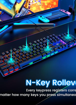 RisoPhy Mechanical Gaming Keyboard, RGB 104 Keys Ultra-Slim LED Backlit USB Wired Keyboard with Blue Switch, Durable Abs Keycaps/Anti-Ghosting/Spill-Resistant Computer Keyboard for PC Mac Xbox Gamer