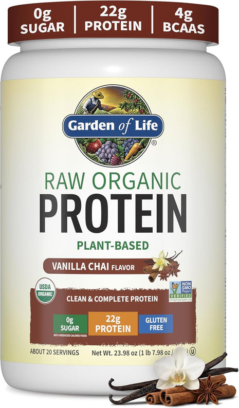 Garden of Life Organic Vegan Protein Powder, Plant Based & BCAAs, Organic Protein Powder with Probiotics & Enzymes, Non-GMO, Gluten-Free Lactose Free, Vanilla Chai, 1.2 LB
