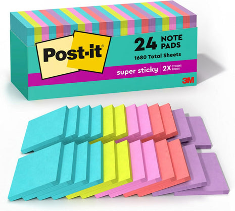 Post-it Super Sticky Notes, 3 x 3 in, Supernova Neons, 24 Pads | School Supplies and Office Supplies, 2X the Sticking Power