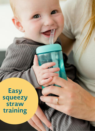 The First Years Squeeze & Sip Toddler Straw Cups - Squeezable Transition Sippy Cup with Silicone Straw - Toddler Feeding Supplies - 7 Oz - 3 Count - Ages 6 Months and Up