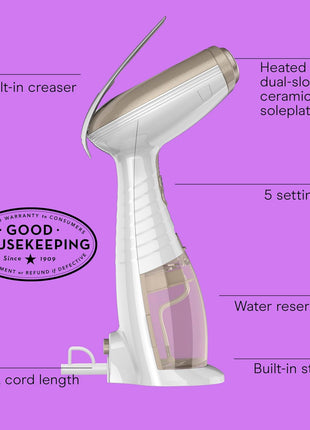 Conair Handheld Garment Steamer for Clothes, Turbo ExtremeSteam 1875W Fabric Steamer, Portable Handheld Design, Strong Penetrating Steam, White/Champagne
