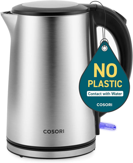 Cosori Stainless Steel Electric Kettle, Plastic-Free Interior, 1.5L, Silver | Cool-Touch Double-Wall, Auto Shut-Off, Boil-Dry Protection, Tea Kettle, Hot Water Boiler, 1500W