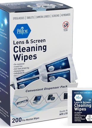 MED PRIDE Anti-Fog Lens and Screen Cleaning Wipes for Eyeglasses, Touch Screens, Premoistened, Anti-Static, Quick-Dry (200 200 Count (Pack of 1))