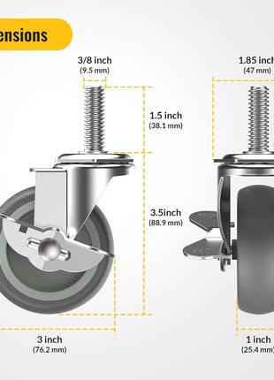 HOLKIE Caster Wheels 3 inch Locking Casters Set of 4, Threaded Stem 3/8 inch -16 x 1-1/2 inch (Diameter 3/8 inch, Length 1-1/2 inch) Swivel Heavy Duty Castors Gray
