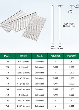 meite 16 Gauge Finish Nails 2 Inch Galvanized Straight Finish Nails for Pneumatic Cordless Finish Nailer Gun, Small T-Head Trim Nails for Baseboard Crown Molding Cabinet Casing, 1 Box/2500PCS