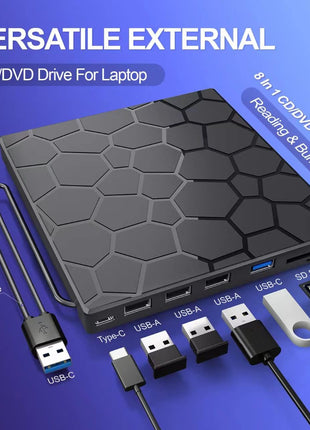 BPAKDU External CD/DVD Drive for Laptop, DVD Player for Laptop, 8 in 1 USB 3.0 Ultra-Slim Portable, CD Burner External Disk Drive Optical Compatible with Desktop Mac,Windows 11/10/8/7 Linux
