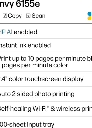 HP Envy 6155e Wireless All-in-One Color Inkjet Printer, Portobello, Print, scan, copy, Duplex printing Best-for-home, 3 month Instant Ink trial included, AI-enabled (714L5A)