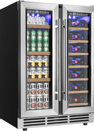EUHOMY Wine and Beverage Refrigerator, 24 Inch Dual Zone Wine Cooler with Glass Door Hold 21 Bottles and 88 Cans, Built in or Under Counter Wine Fridge with Blue LED Light