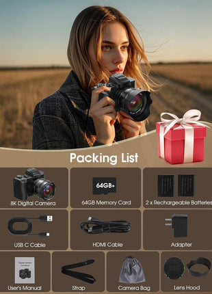 8K Digital Camera, 88MP Cameras for Photography with WiFi & Touch Screen, 16X Zoom Vlogging Camera for YouTube Video, Autofocus & Anti-Shake, Dual Camera, 2 Batteries, 64GB Card, Flash, Lens Hood