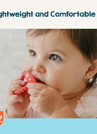 RaZbaby Soft Silicone Infant & Baby 3M+ Teether Toy Massaging Bristles Teething Relief Pacifier - Soothes Sore Gums - Hands-Free & Easy-to-Hold Chompy Teether, BPA Free (RED/Green)