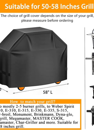 Grill Cover, 58 inch BBQ Gas Grill Cover for Outdoor Grill, Charbroil Grill Cover Barbecue Waterproof, Anti-UV for Weber Char-Broil Monument, Dyna-glo Nexgrill Spun Polyester