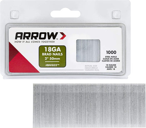 Arrow BN1832CS 18-Gauge Steel Brad Nails for Molding, Cabinets, Framing, Trim, and Finishing, Safe to Use with Electric or Battery Powered Nailers, Steel, 2 Inch, 1000 count (Pack of 1)