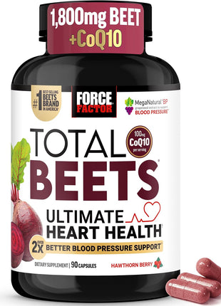 Force Factor Total Beets Ultimate Heart Health 1800mg Beet Root Capsules | Blood Pressure Support Supplement with CoQ10 for Nitric Oxide & Blood Flow with Grapeseed, Hawthorn Berry, 90 Capsules