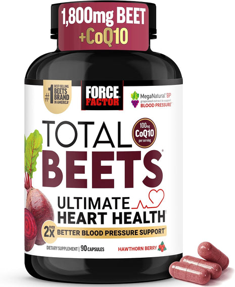 Force Factor Total Beets Ultimate Heart Health 1800mg Beet Root Capsules | Blood Pressure Support Supplement with CoQ10 for Nitric Oxide & Blood Flow with Grapeseed, Hawthorn Berry, 90 Capsules