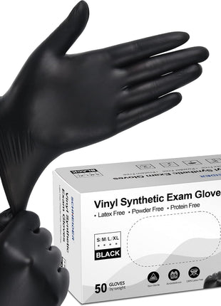 Schneider Black Vinyl Synthetic Exam Gloves, 4 Mil, Large, Disposable Gloves Latex Free, Plastic for Medical, Cooking, Cleaning, and Food Prep, Surgical Powder Free, Non Sterile, 100 ct Box (L)